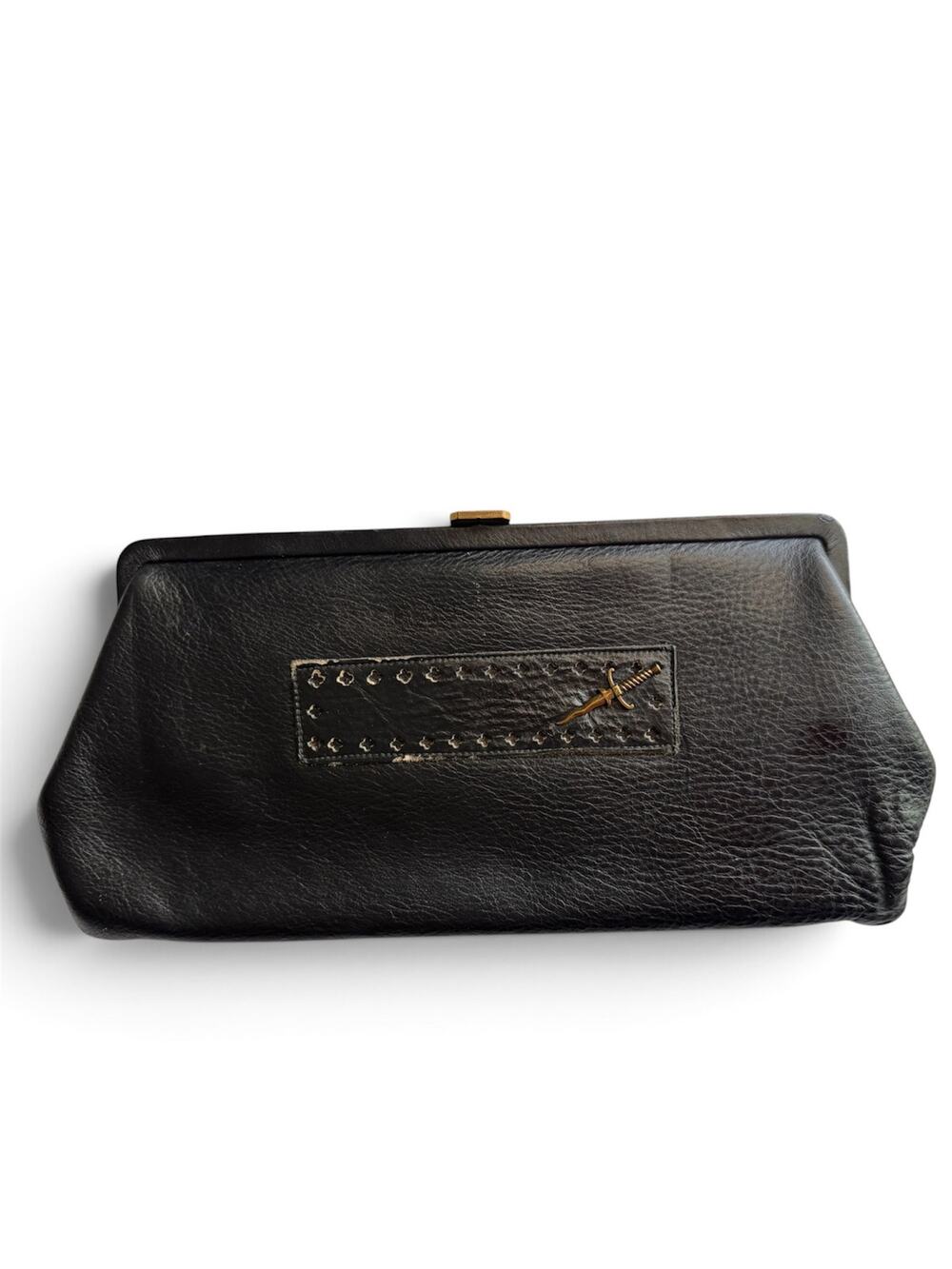Vintage Black Leather Dagger Frame Clutch Bag Gothic Kiss Lock Pouch Handbag